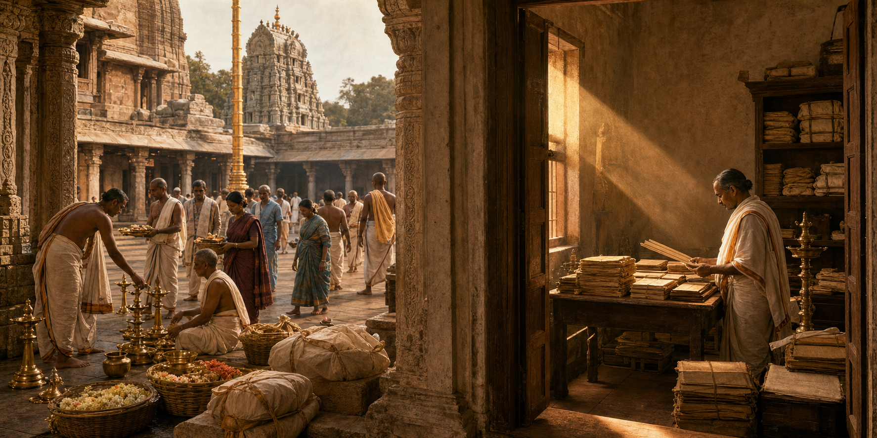 Temple workers organize worship supplies and pilgrims in a courtyard while a scholar-administrator reviews manuscripts and records in an adjoining room.