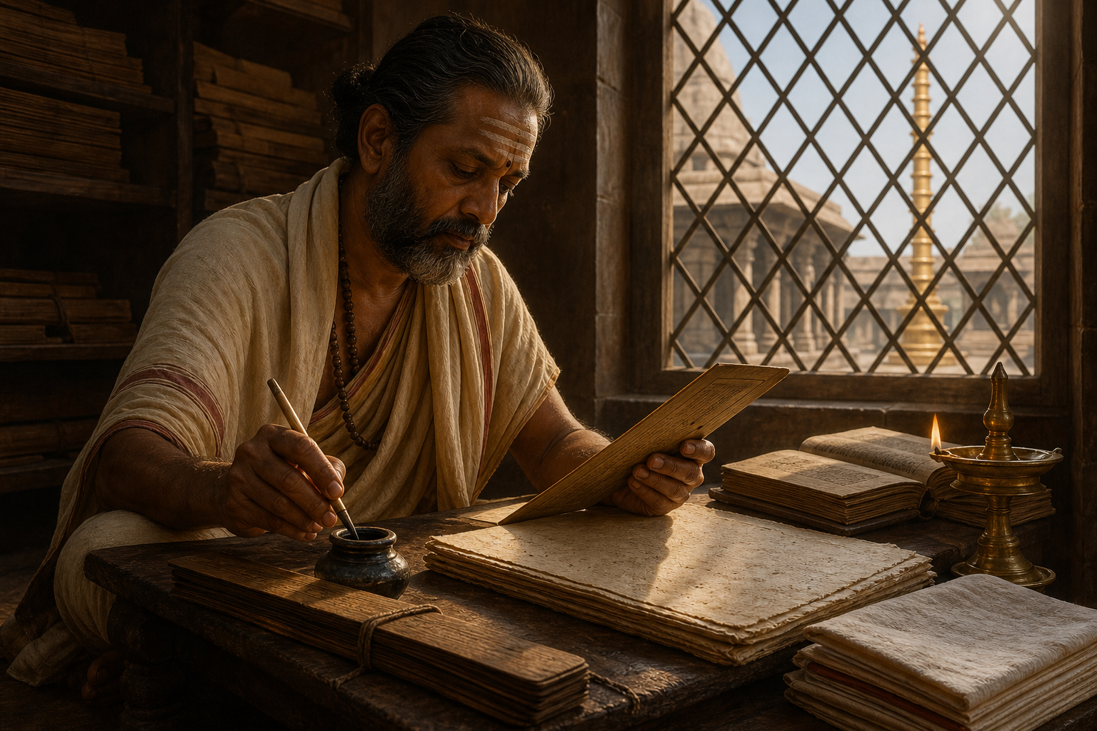 A scholar compares palm-leaf manuscripts and paper folios at a low desk in a temple library lit by a brass lamp and morning light.