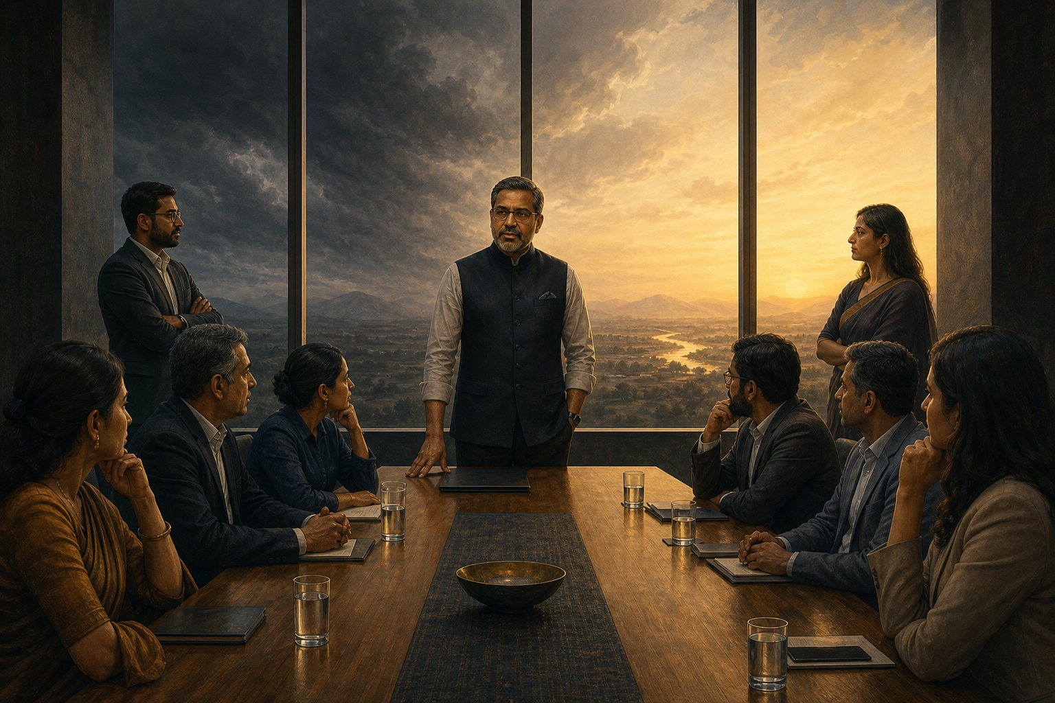 A composed Indian leader stands at the head of a meeting table as colleagues wait and dawn breaks beyond storm-darkened clouds.