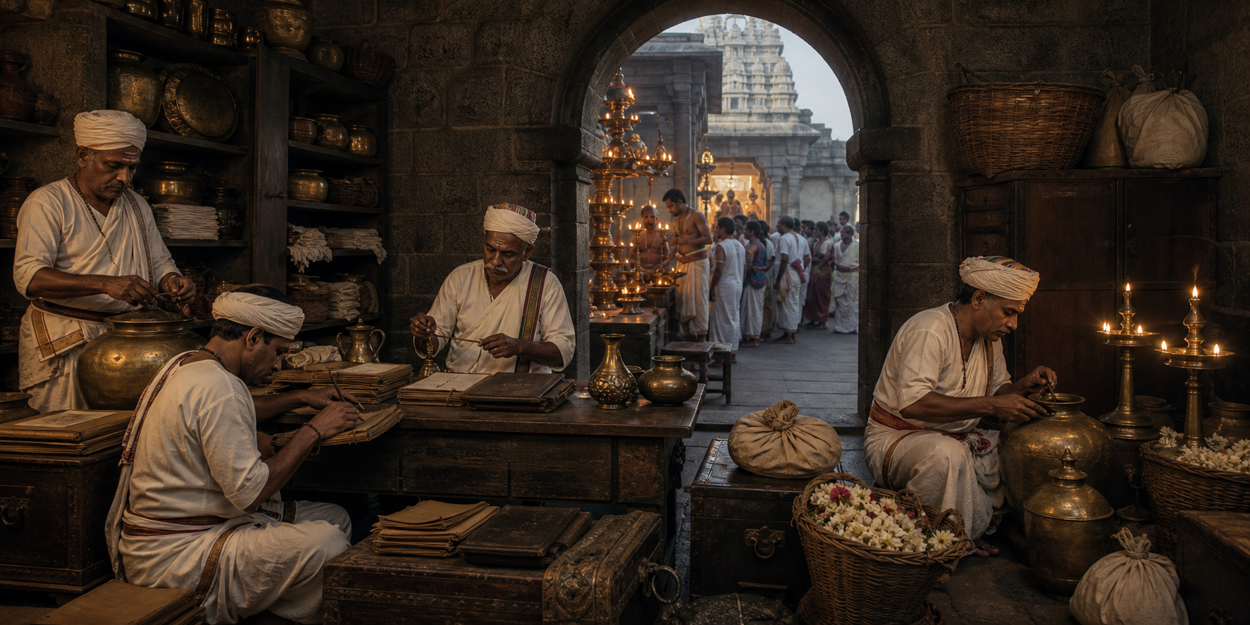 Historical temple administrators inventory supplies, keys, and manuscript cases in a records chamber as worship continues beyond an arched doorway.