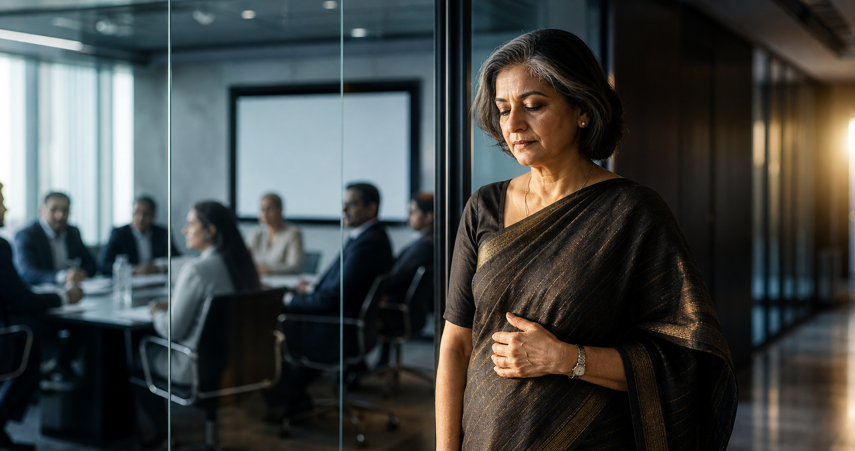 A woman leader pauses to compose herself outside a conference room where colleagues are waiting.