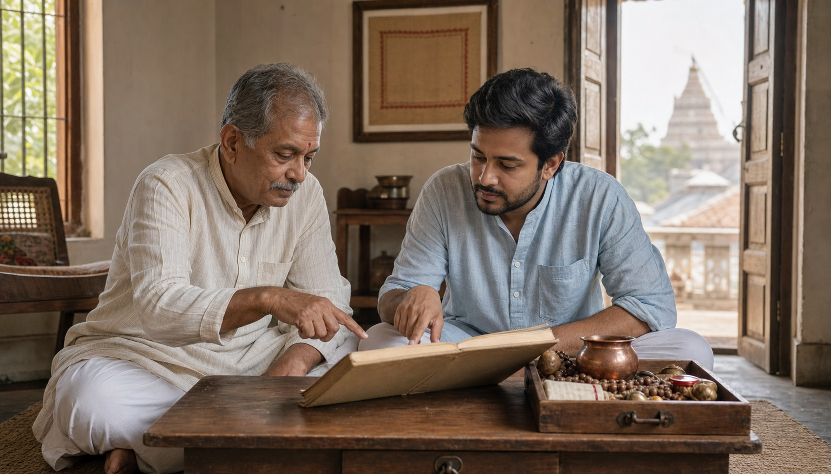 An older and younger family member consult an open panchang beside inherited puja items in a home.