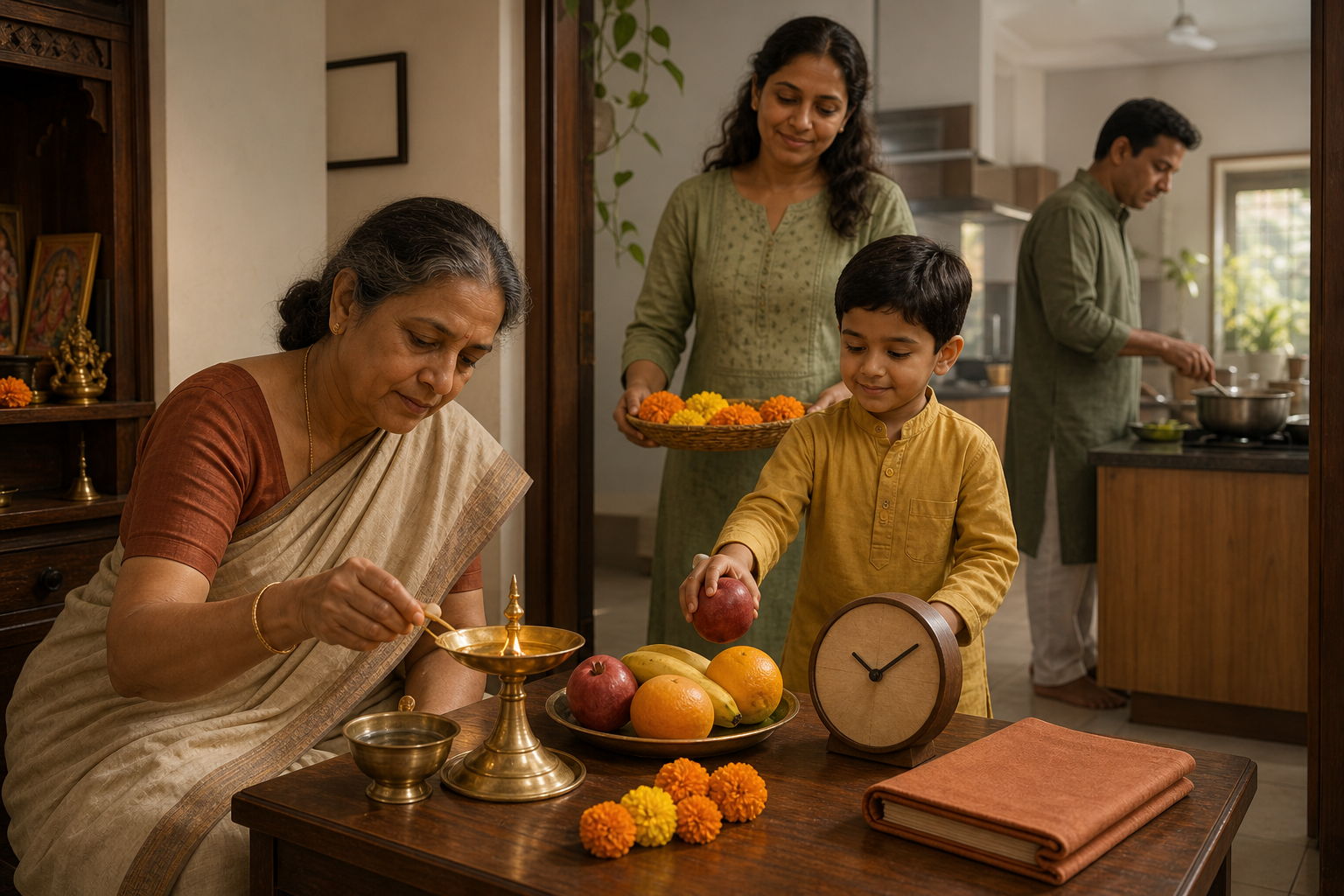 A multigenerational Hindu family contributes flowers, fruit, food, and a lit brass lamp to a simple prayer space in a lived-in home.