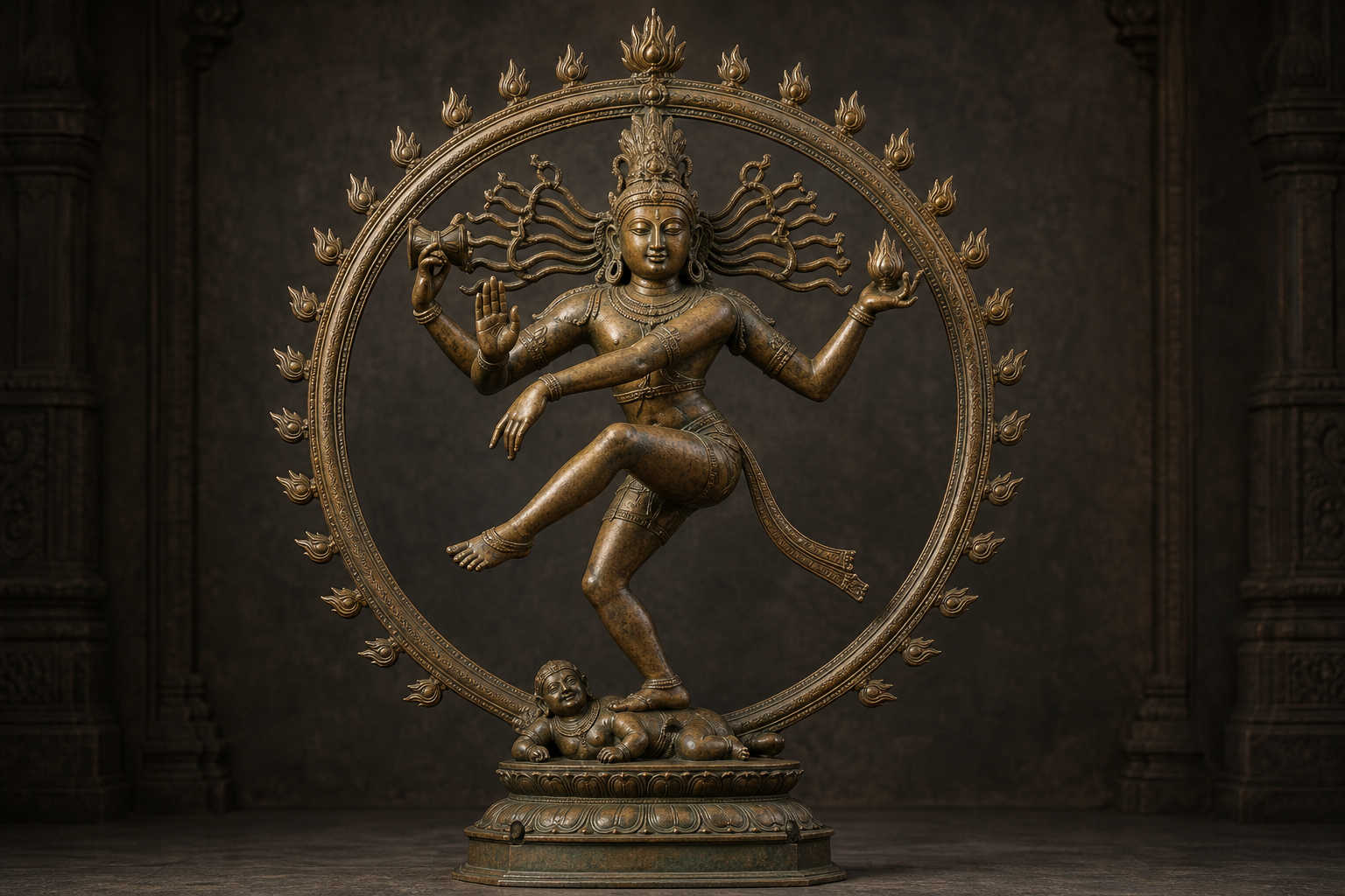 Full bronze Nataraja figure showing the drum, flame, reassuring hand, raised foot, figure beneath the supporting foot, and surrounding ring of fire.
