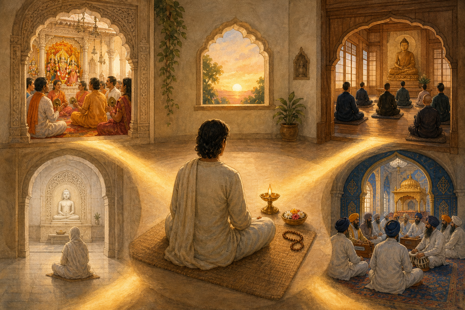 A practitioner sits before a single oil lamp while four separate openings show Hindu, Buddhist, Jain, and Sikh devotional settings around the room.