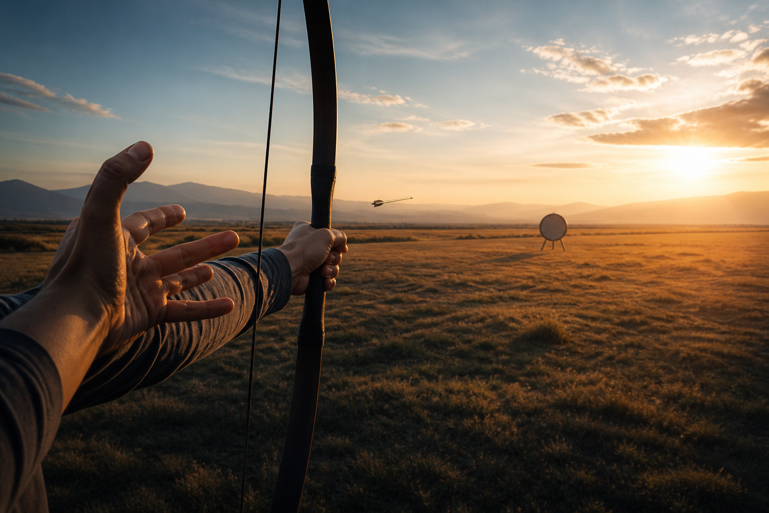 An archer holds a steady bow after releasing an arrow toward a distant target at sunrise.