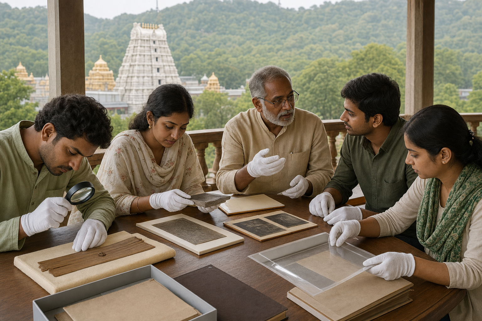An intergenerational group carefully examines and preserves manuscripts, photographs, and archival folders on a veranda overlooking forested temple hills.