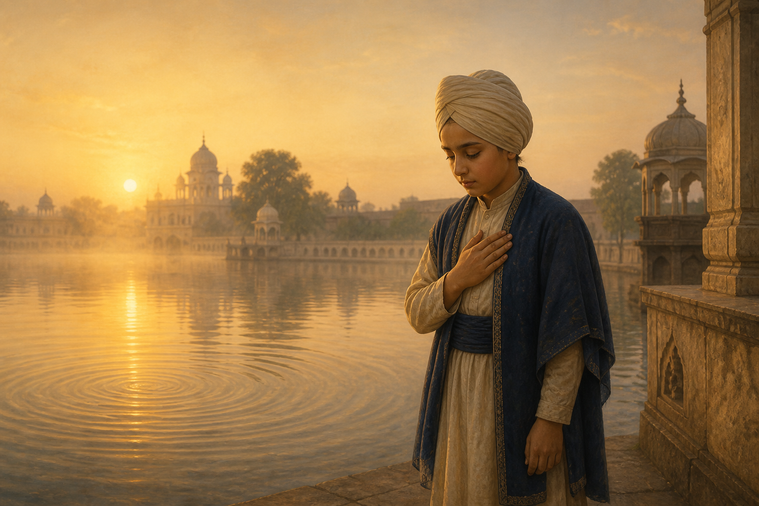 A young Sikh boy in a small turban stands quietly beside a reflective pool at dawn, with early Amritsar architecture visible through the mist.
