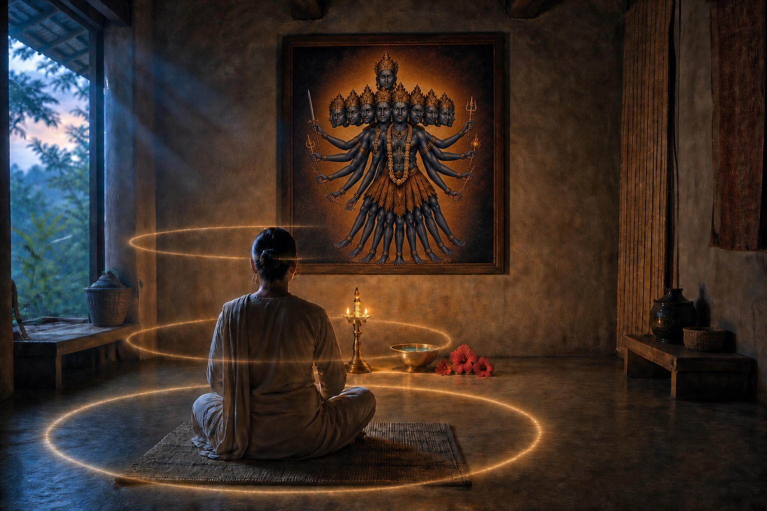 A seated practitioner meditates before a small ten-headed, ten-armed, and ten-legged image of Maha Kali beside a lamp, water bowl, and hibiscus flowers.