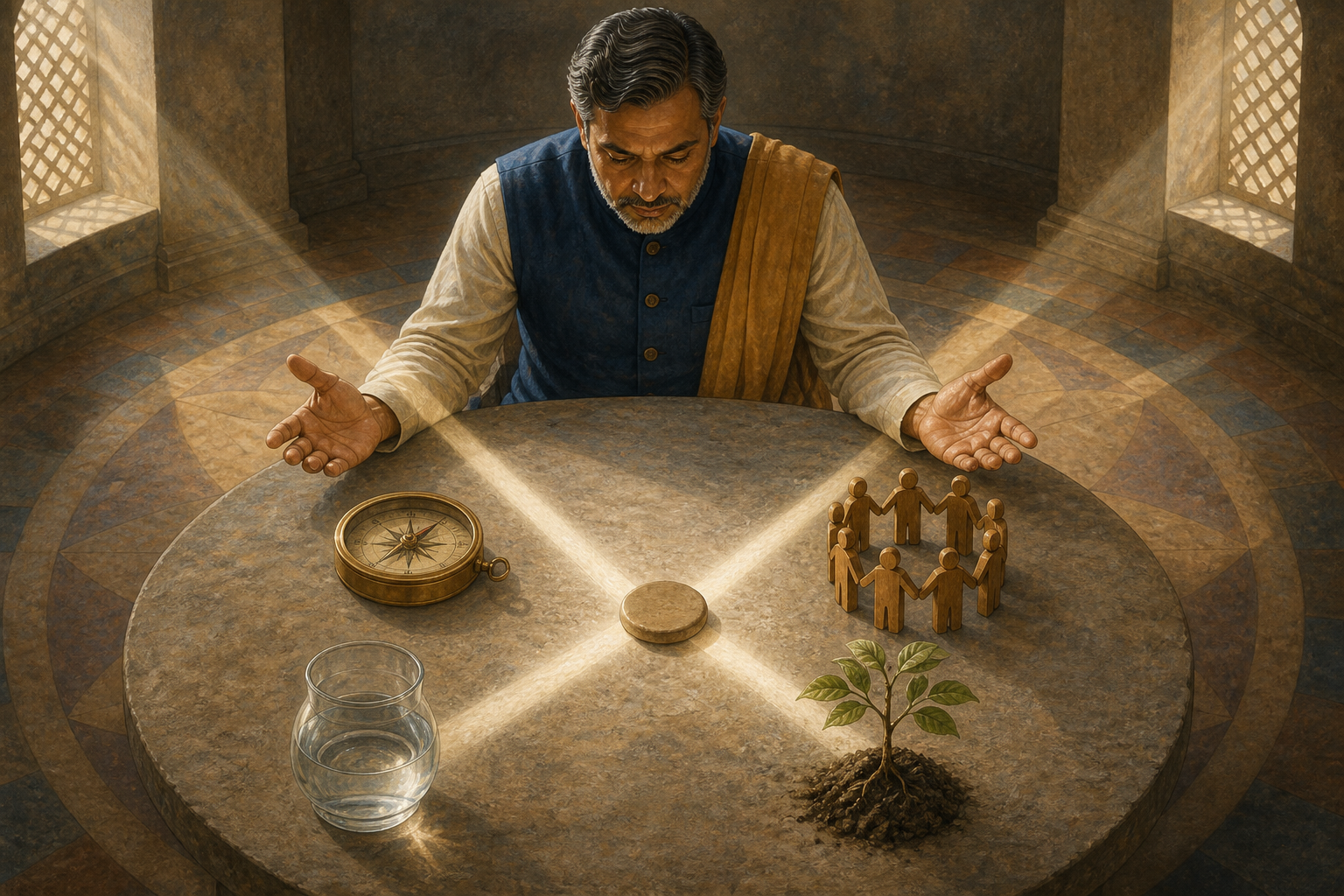 A leader examines a compass, joined wooden figures, a glass vessel, and a seedling arranged around a central token.