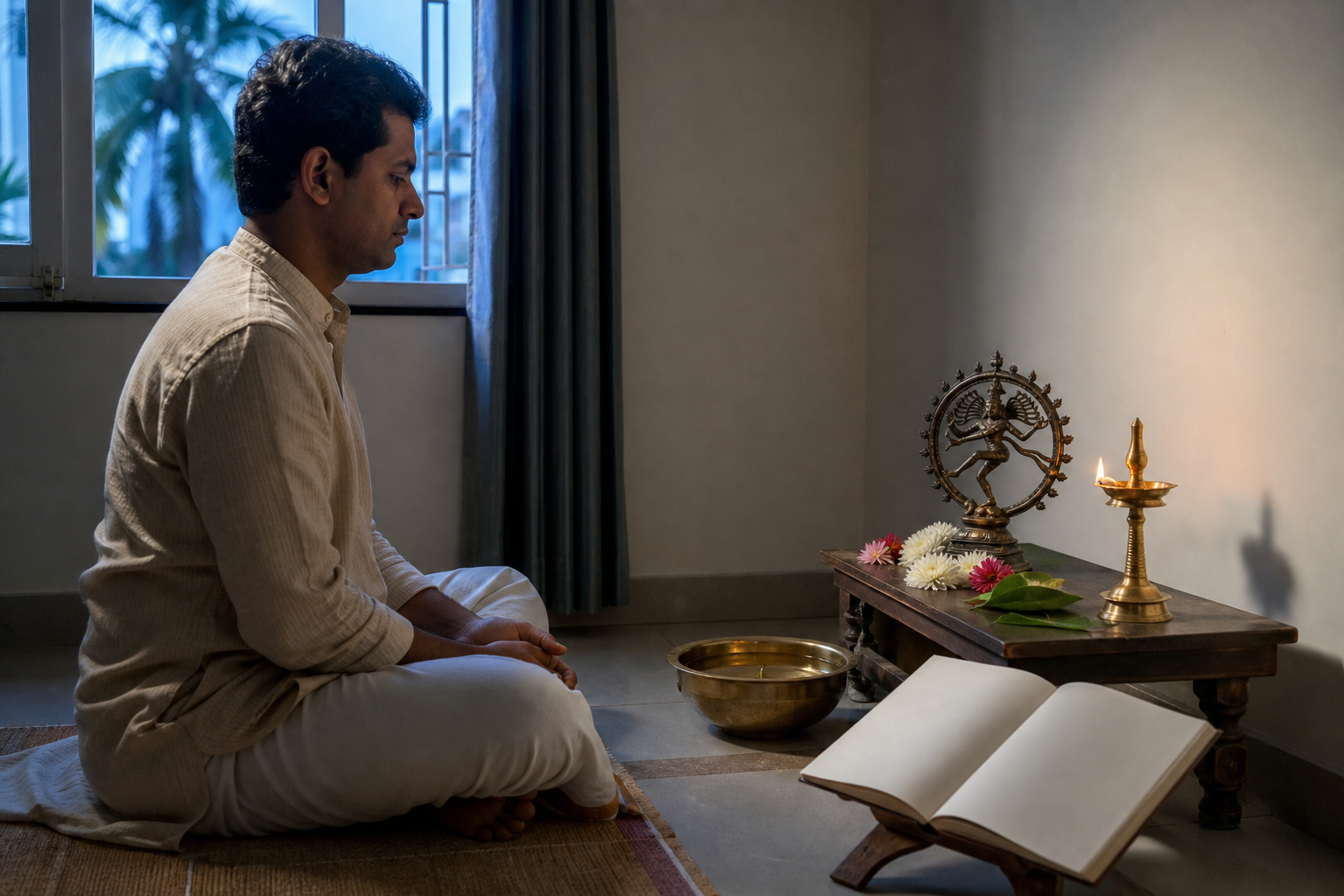 A devotee seated before a small home altar with a Nataraja murti, oil lamp, water bowl, flowers, Bilva leaves, and an open book at dawn.