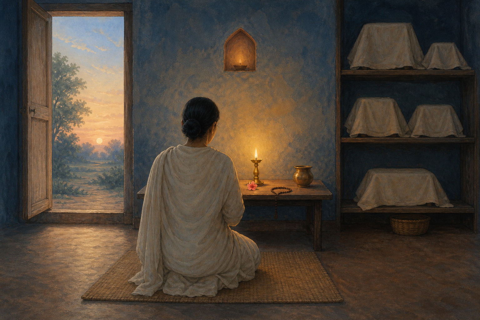 A kneeling practitioner faces a simple home altar with an oil lamp, flower, water vessel, and prayer beads at dawn.