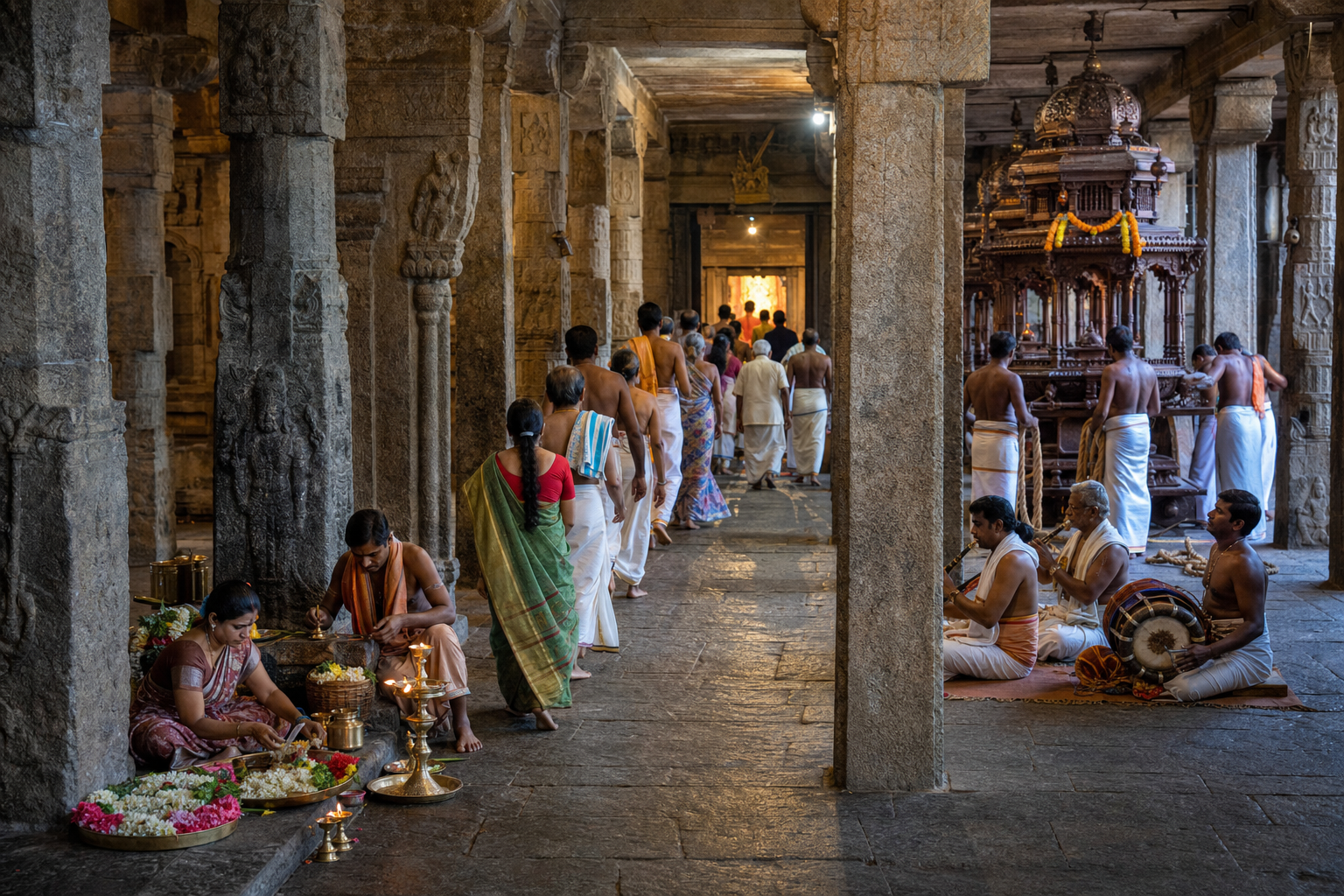 A temple mandapa contains devotees following a ritual route, prepared offerings, seated musicians and workers tending a festival palanquin among granite pillars.