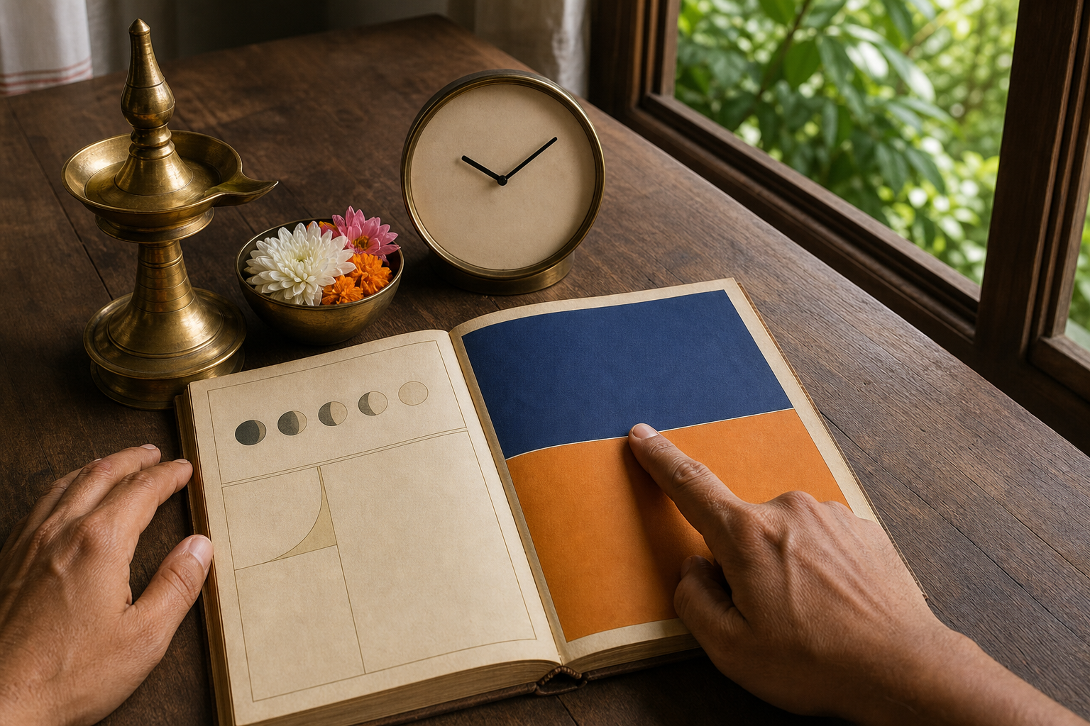 Two hands examine abstract lunar timing marks in an open almanac beside a clock, flowers, and an unlit brass lamp.