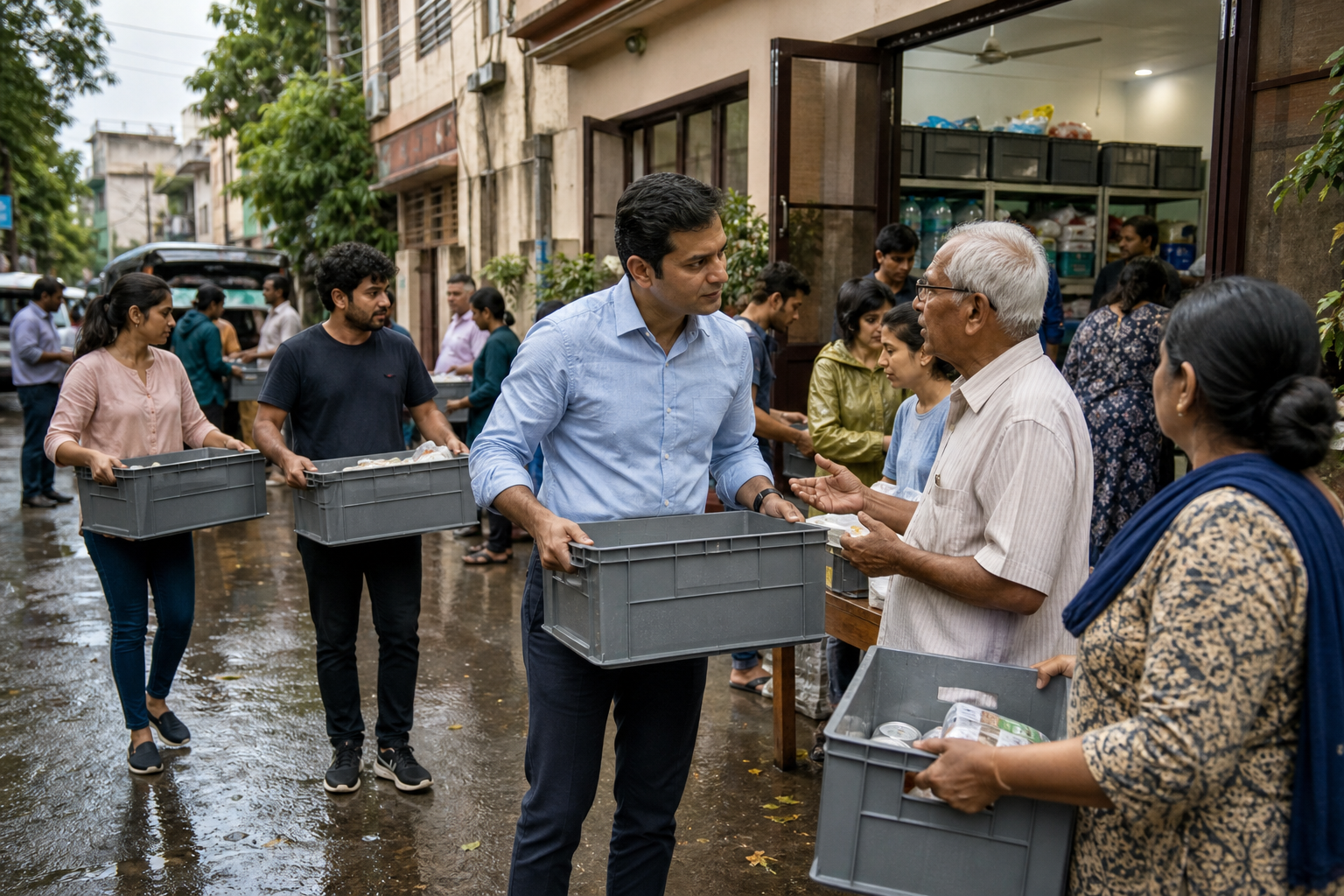 A civic leader carries a supply crate and listens to an older resident while volunteers work at a flood-relief site.