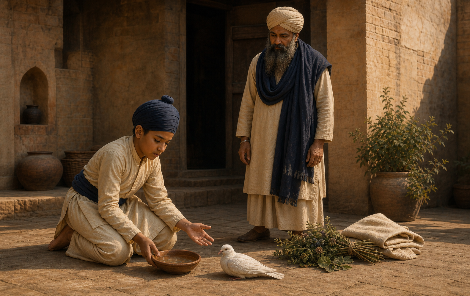 A young Sikh boy offers a bowl of water beside an injured dove while an older Sikh man watches in a sunlit Punjabi courtyard.