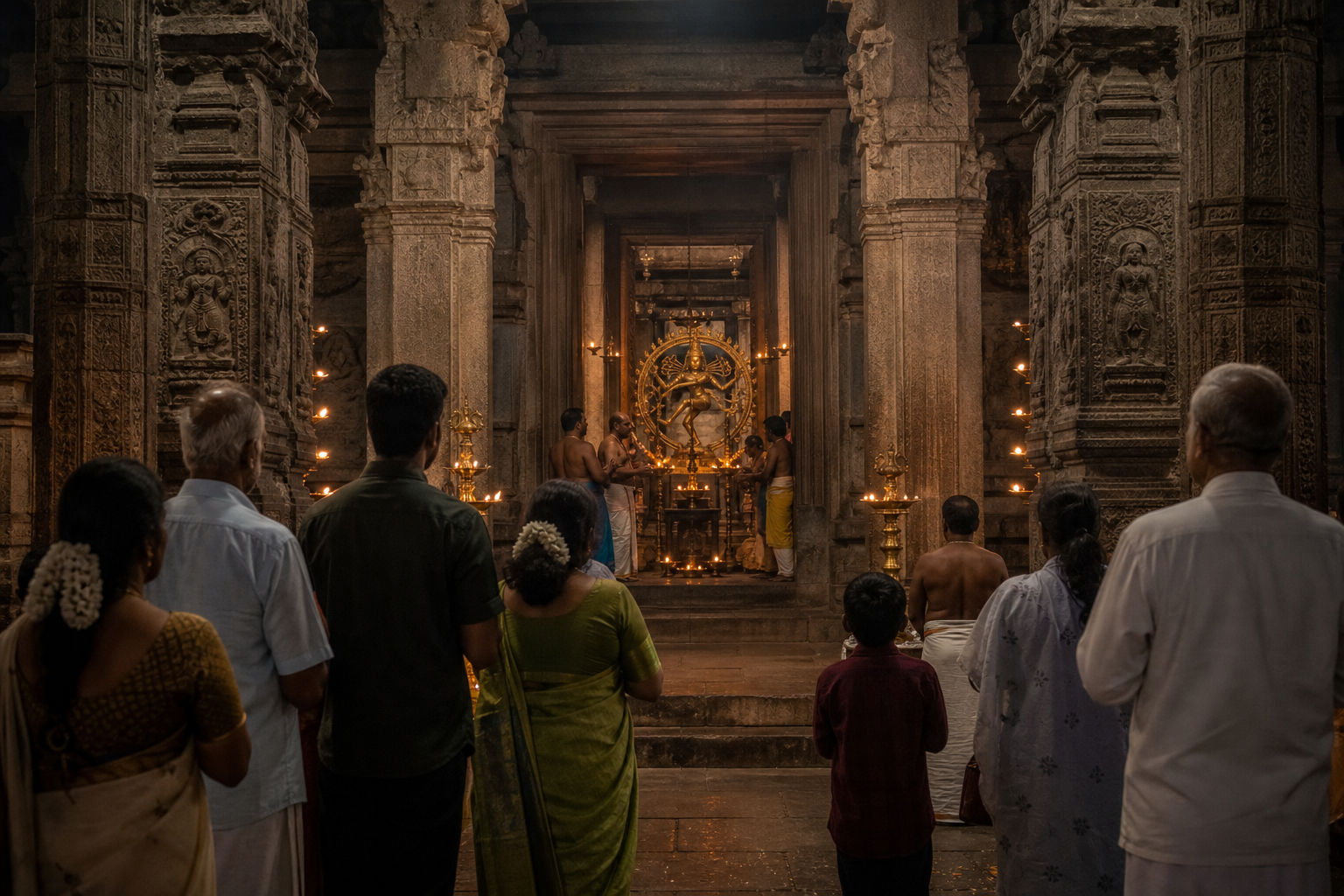 Devotees quietly facing a lamp-lit Nataraja murti in a stone temple hall while priests attend the shrine.