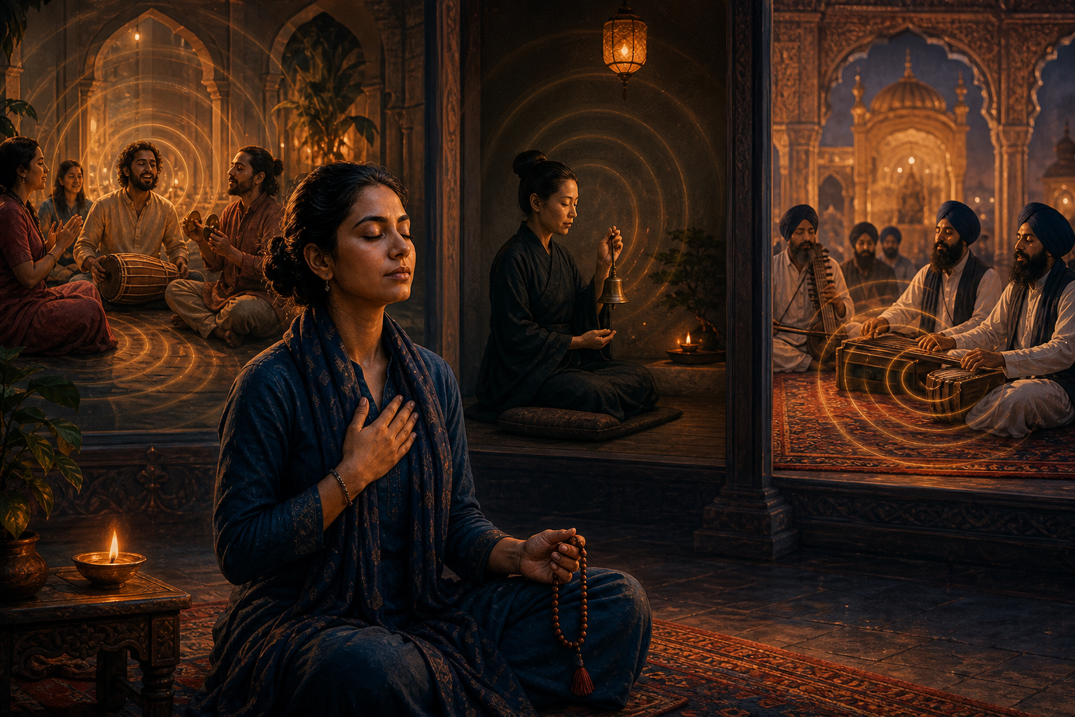A person listens and counts prayer beads while separate Hindu, Buddhist, and Sikh devotional music practices appear in the background.