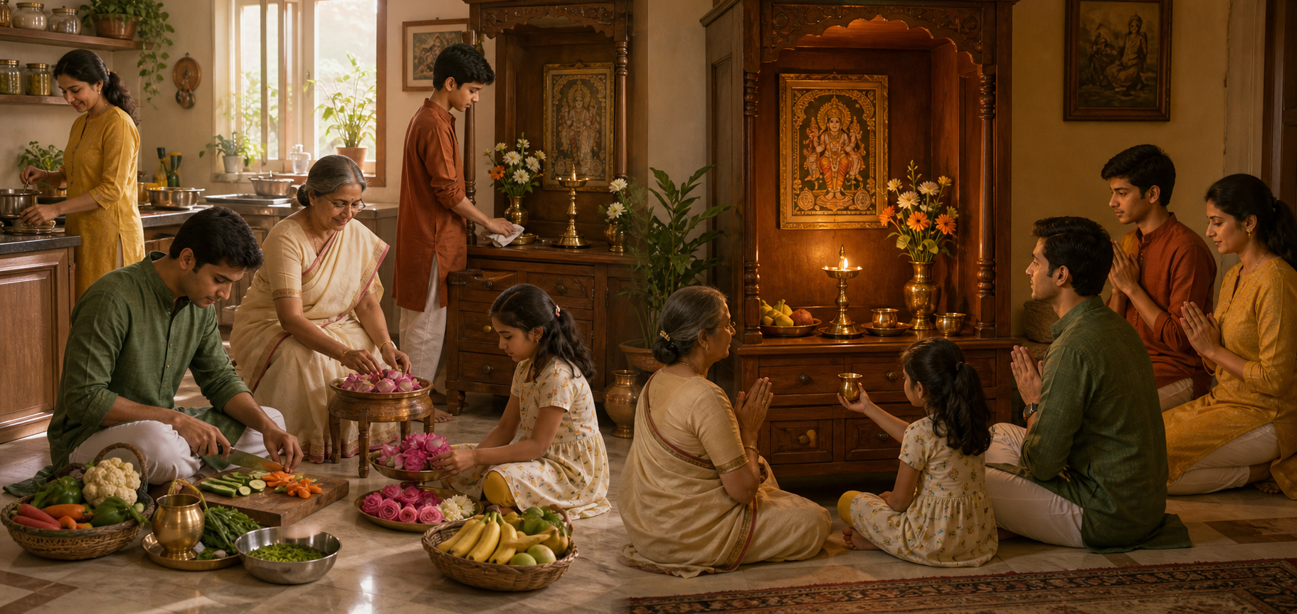 The same family prepares food and flowers in one household scene and later gathers around a simple lamp offering in another.