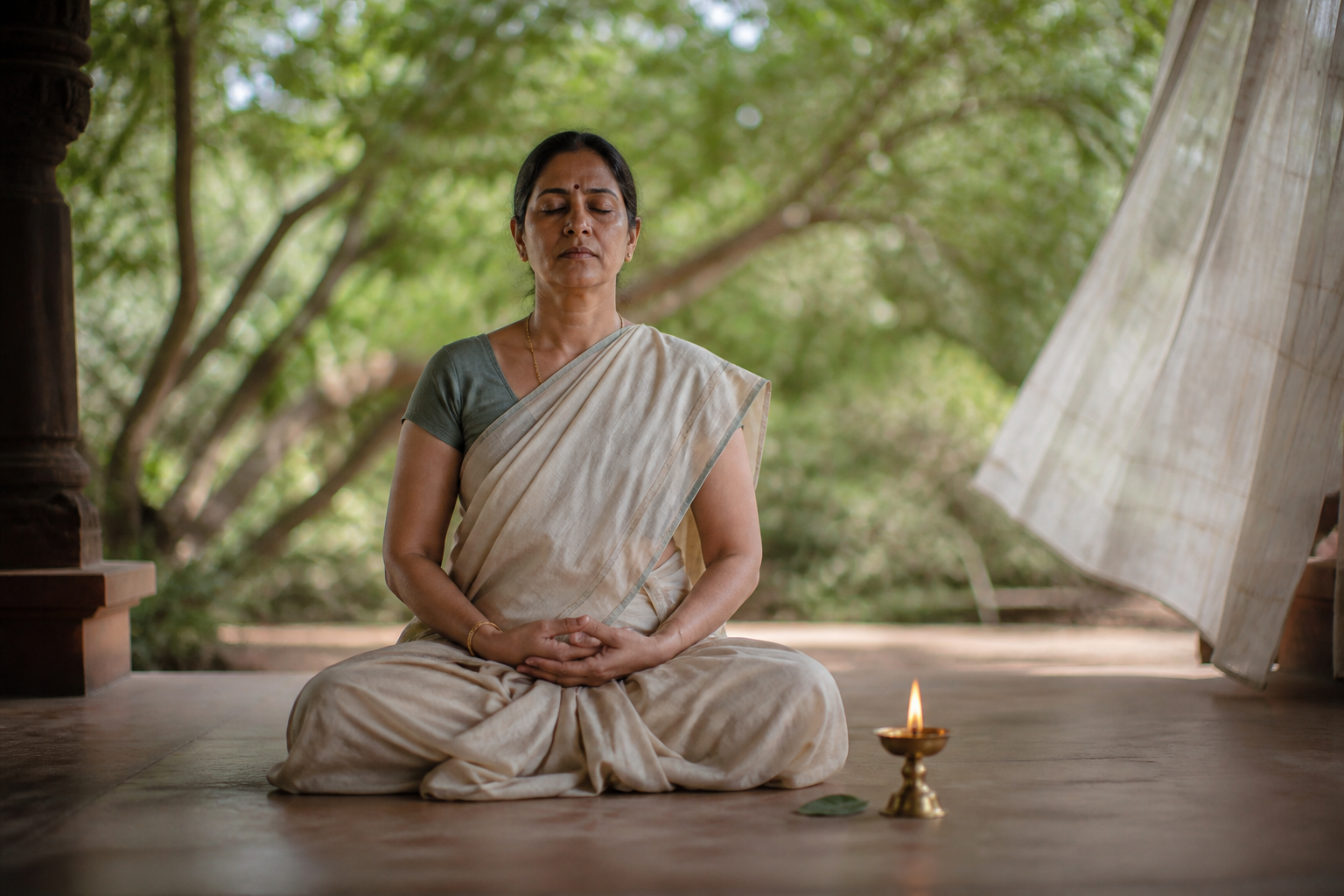 A person sitting quietly beside a small oil lamp and Bilva leaf while branches and a curtain move in the morning breeze.