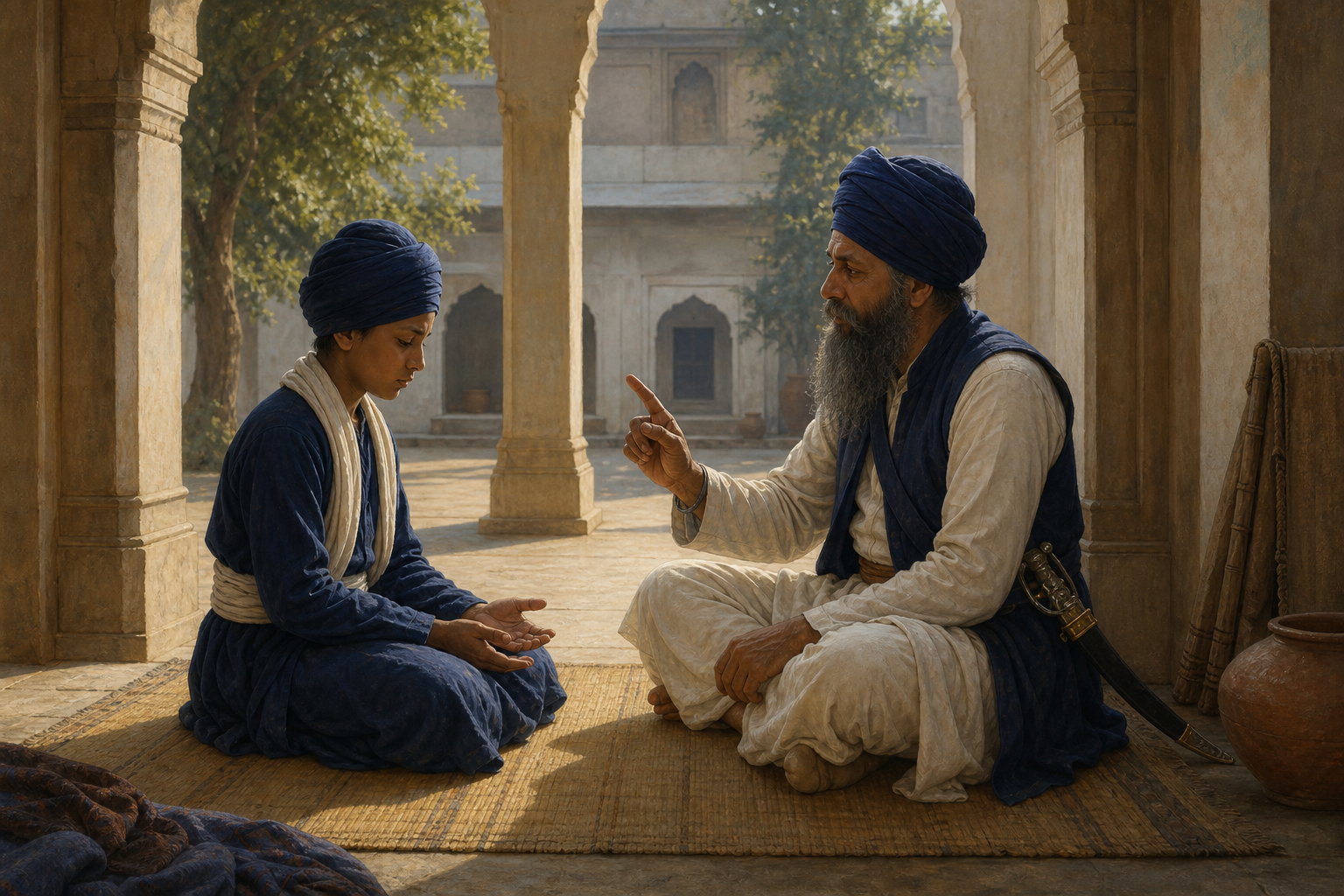 A seated Sikh boy listens calmly as an older Sikh teacher gestures to him in a simple historical courtyard.