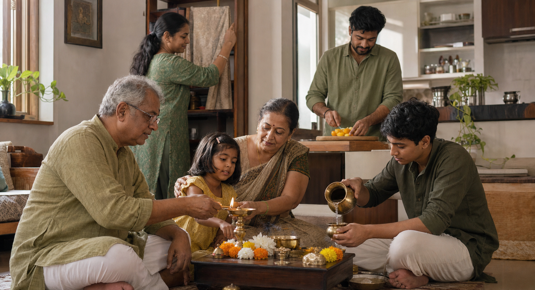 Family members of different ages share small observance tasks, including lighting a lamp, arranging fruit, pouring water, and offering a flower.