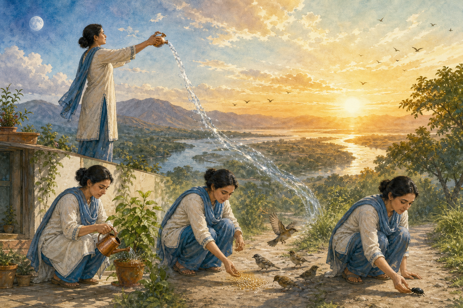 A practitioner offers water at sunrise above a scene of watering a plant, feeding birds, and moving a beetle from a path.