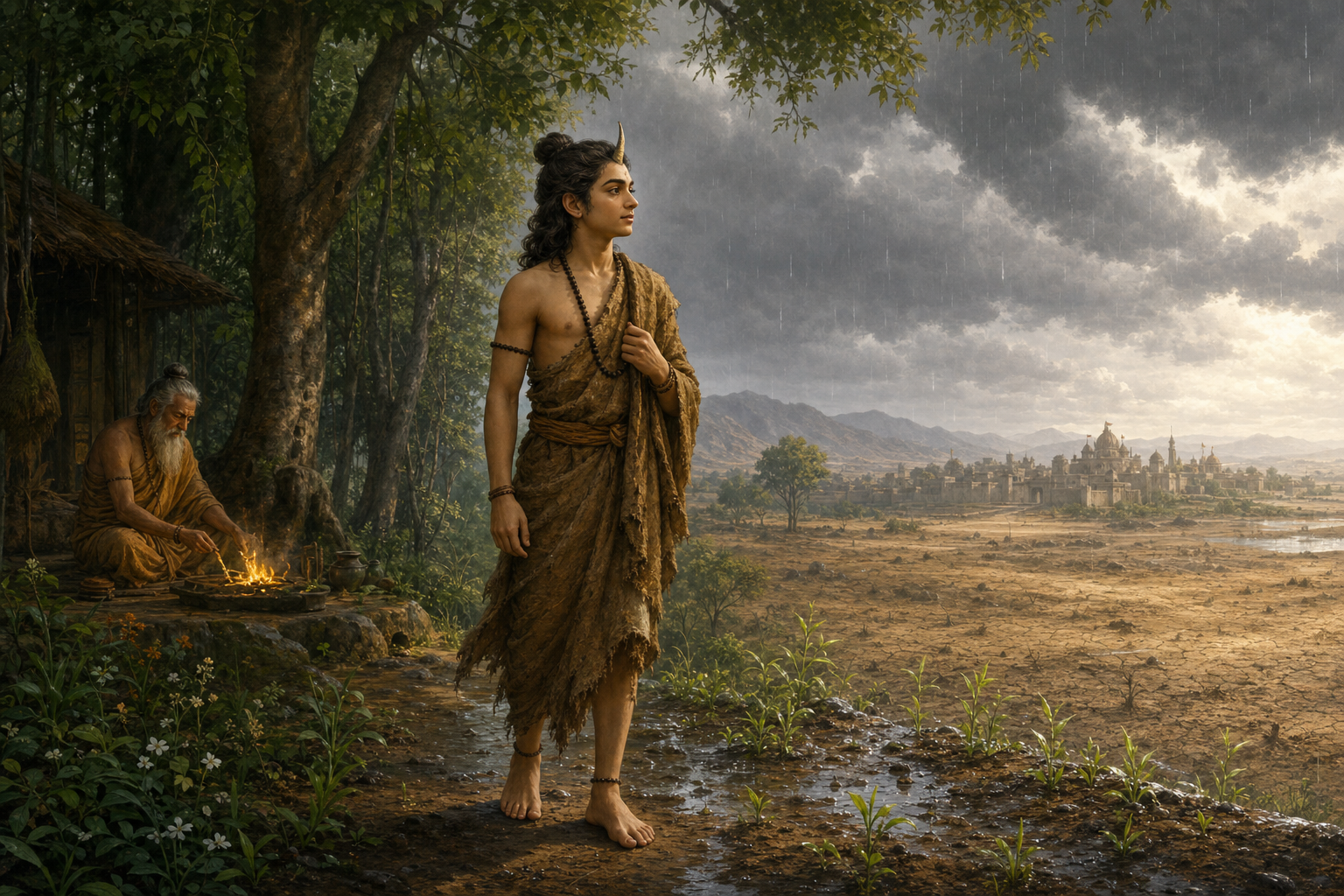 Rishyasringa stands between a secluded forest hermitage and a dry plain as monsoon clouds gather and the first rain falls.