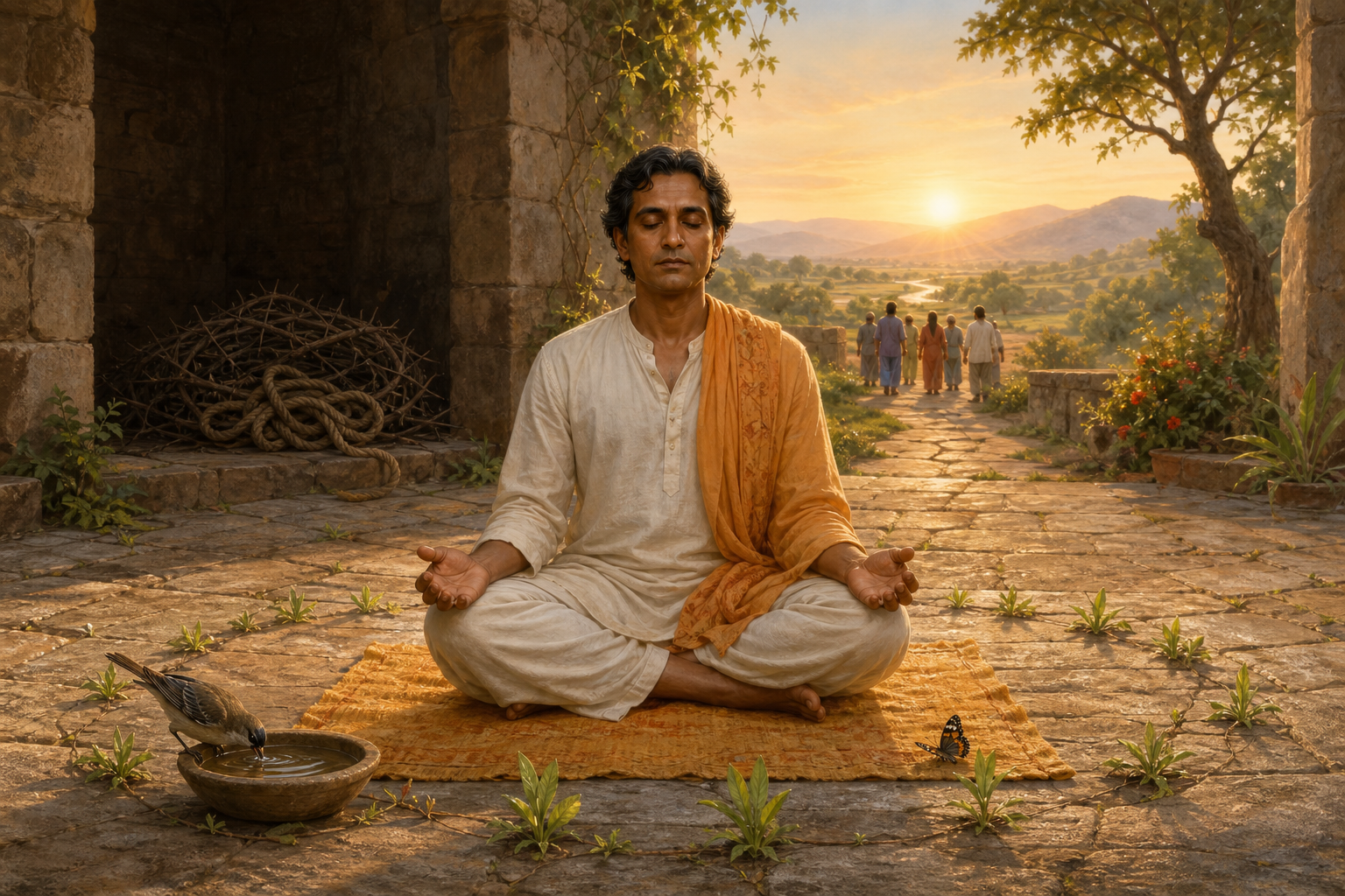 A South Asian practitioner meditates in a sunlit courtyard among a bird, green shoots, and a water bowl, with a dark narrow passage and discarded thorns behind them.