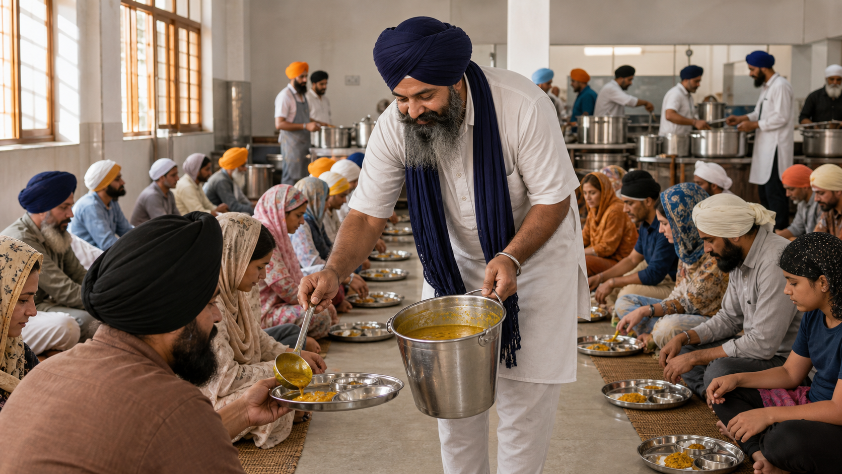 Turbaned Sikh volunteers serve a communal meal to diverse visitors seated in rows on the floor of a gurdwara langar hall.