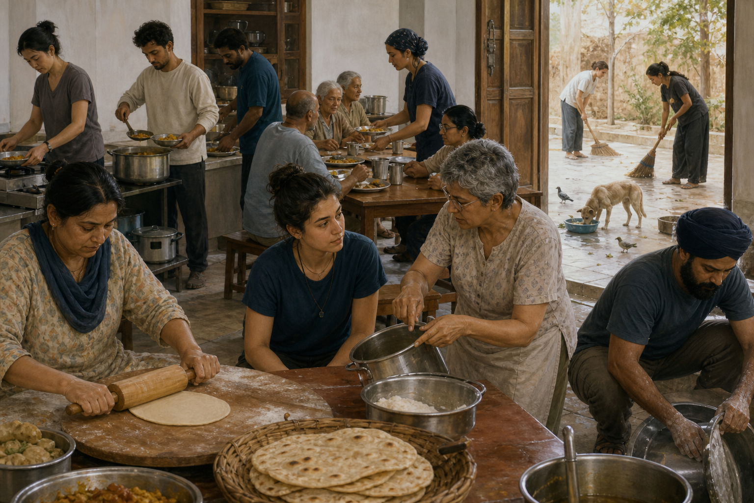 Volunteers prepare and serve food in a communal kitchen while one person receives guidance and others care for animals in the courtyard.