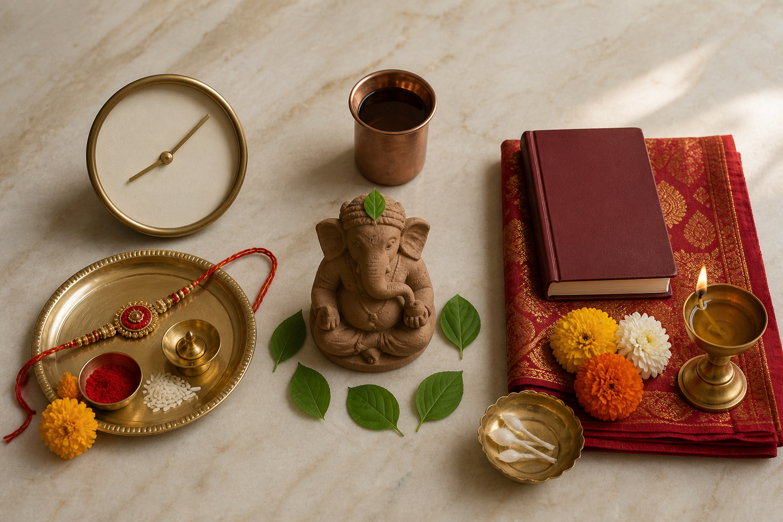 A home puja arrangement with a rakhi and clock, a clay Ganesha murti with green leaves, and a prayer book beside flowers and an oil lamp.