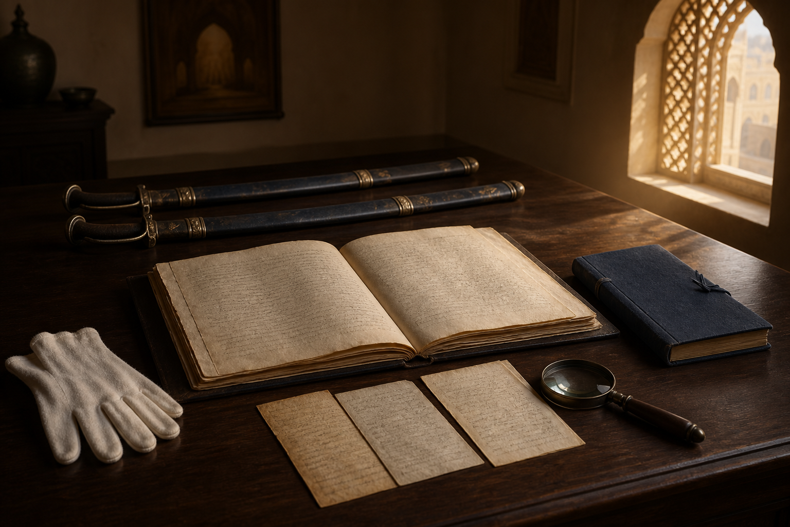 Archival folio, magnifying lens, notebook, gloves, and two sheathed swords arranged on a wooden research table in warm window light.