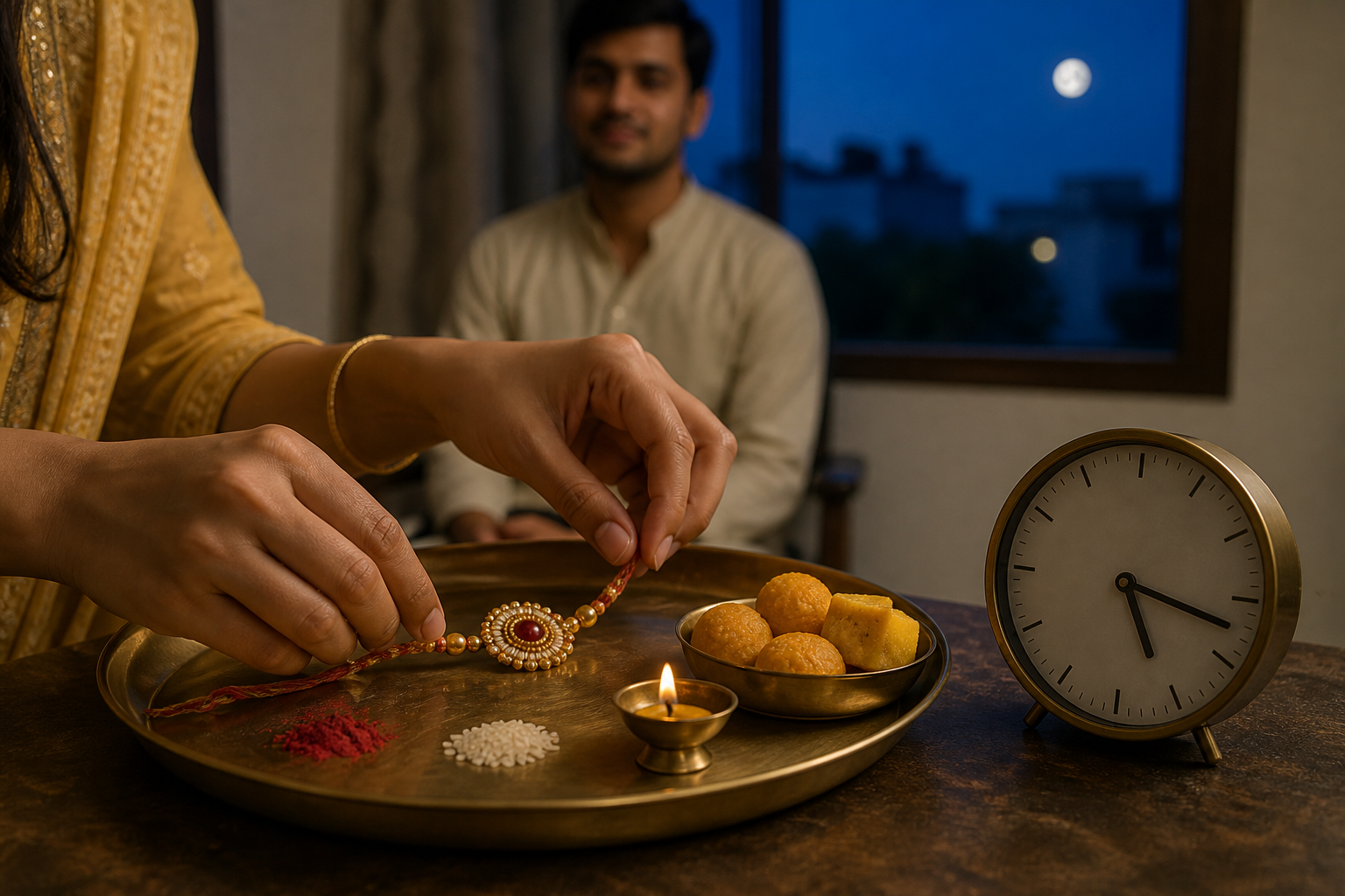 Hands prepare a Raksha Bandhan thali beside an analog clock while the moon is visible through an apartment window.