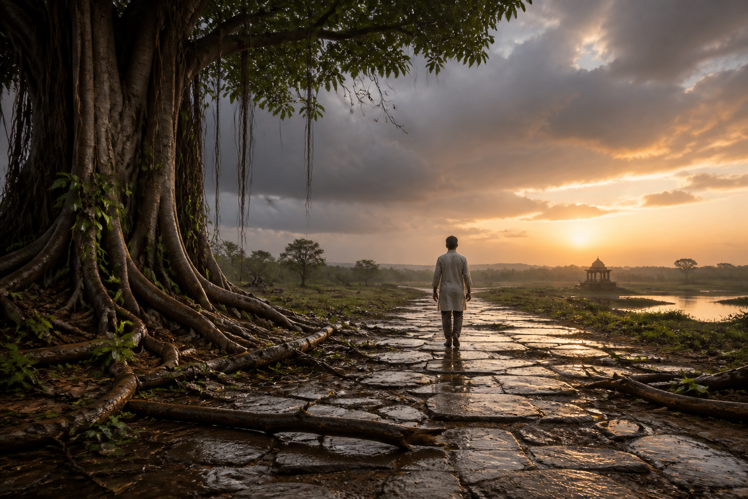 A person walks along a wet stone path beneath a banyan tree as sunrise breaks through storm clouds.