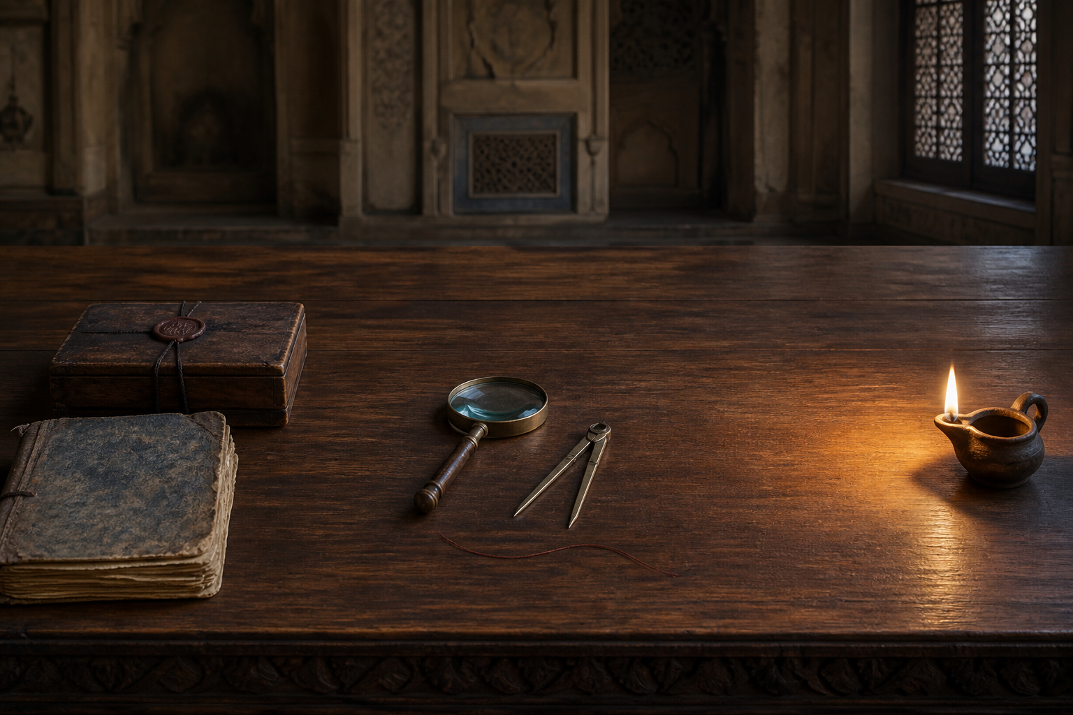A long table holds three separated groups: archival materials, analytical tools, and an oil lamp casting light.
