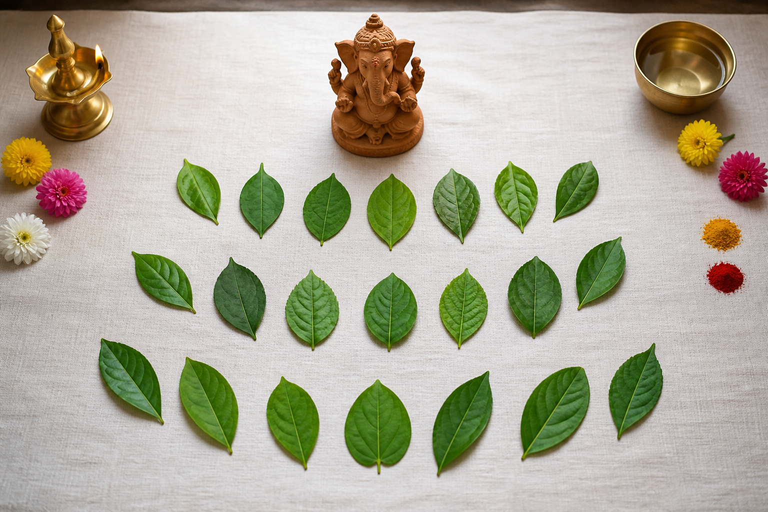 Twenty-one separate green leaf offerings are arranged in sequence before a small natural-clay Ganesha murti on a cotton cloth.