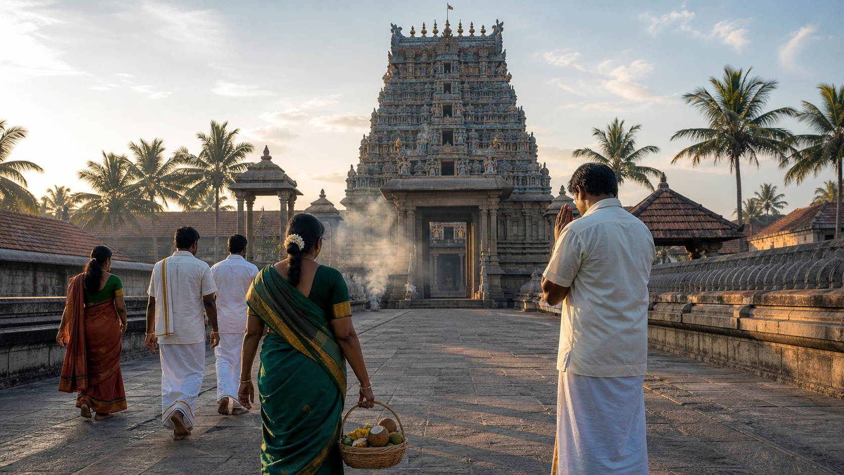 Barefoot pilgrims carrying simple offerings walk toward a South Indian temple gopuram in the soft light of dawn.