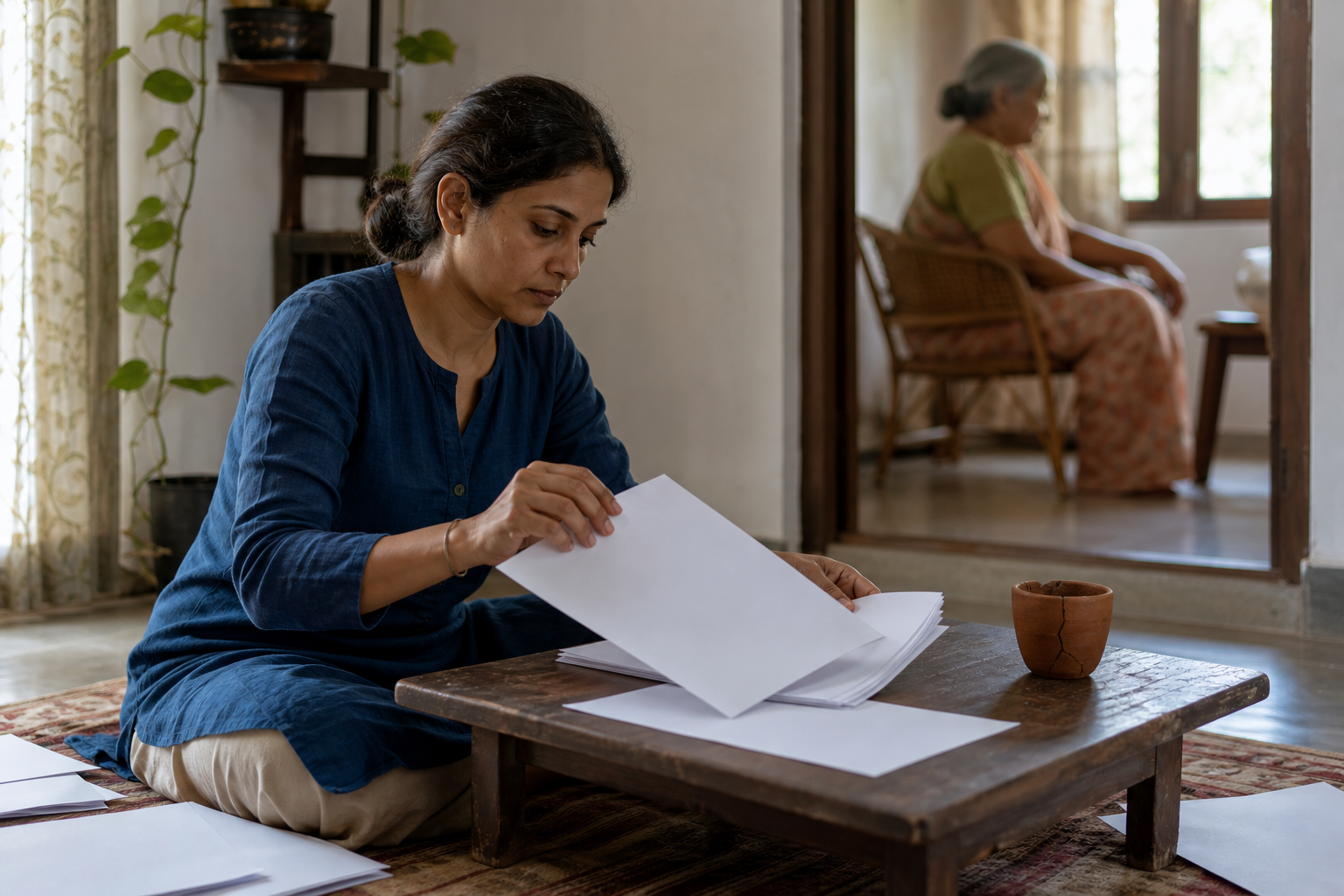 A seated person gathers scattered blank papers in a quiet home while a cracked clay cup rests nearby.