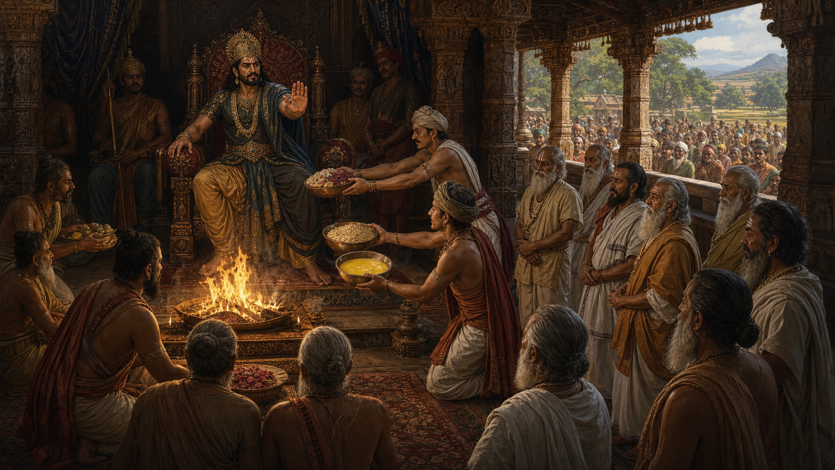 King Vena sits on a throne as offerings are redirected from a ritual fire toward him, while sages and citizens watch in a royal assembly hall.