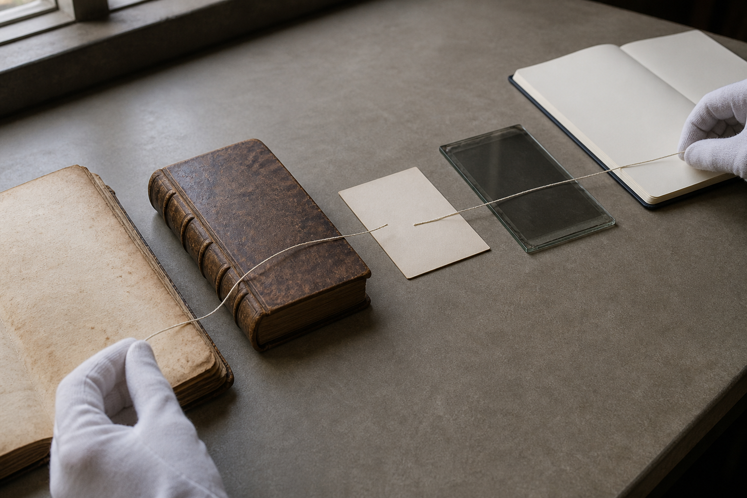 Gloved hands trace a pale thread across a folio, bound volume, catalog card, glass plate, and notebook, with one gap in the thread.
