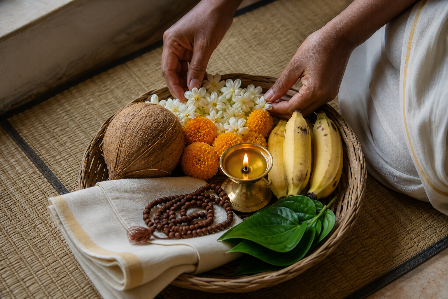 Hands arrange flowers, fruit, a coconut, prayer beads, and a brass oil lamp in a simple offering basket.