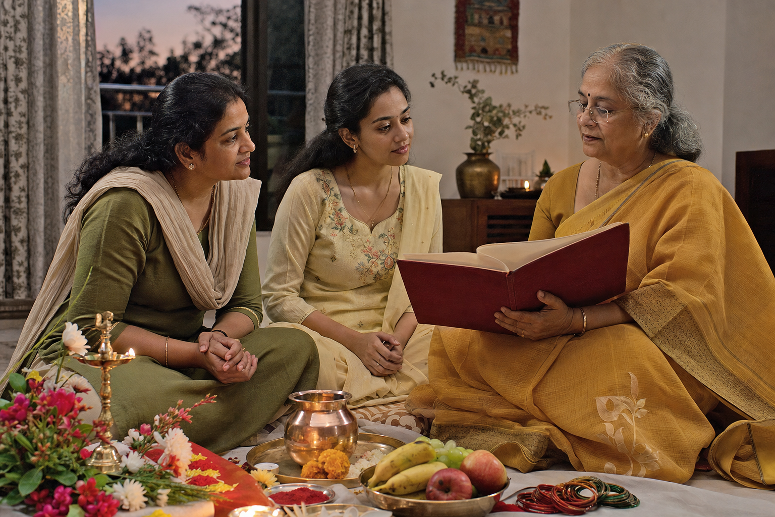Three women sit around a simple home puja while one holds an open sacred-story book and the others listen attentively.