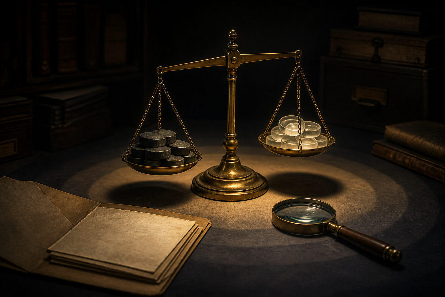 A brass balance scale weighs solid and translucent tokens on an archive desk beside a folder and magnifying lens.