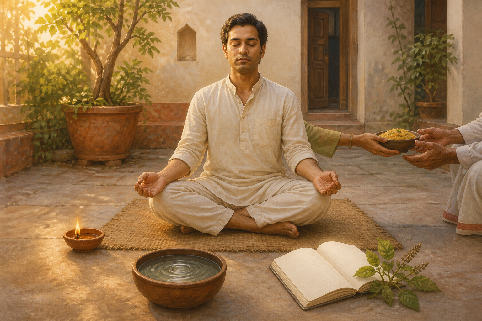 A meditating person is surrounded by an oil lamp, rippling water, an act of giving, and an open blank journal in a courtyard.