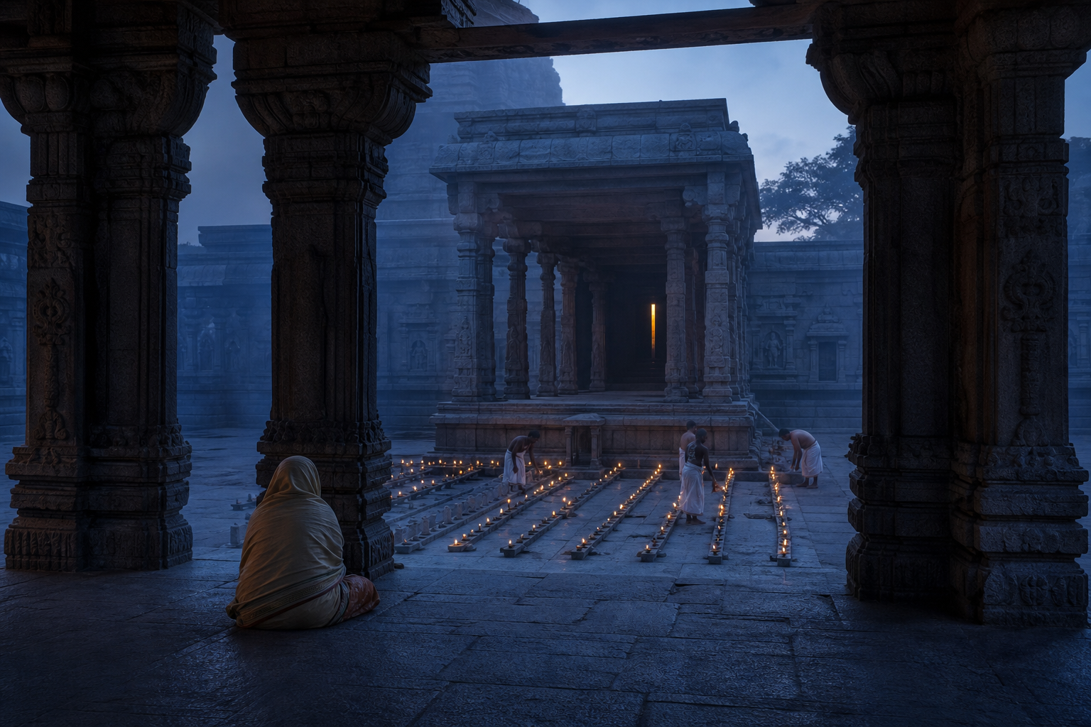 A pilgrim waits in a stone temple courtyard before sunrise as attendants prepare rows of oil lamps.
