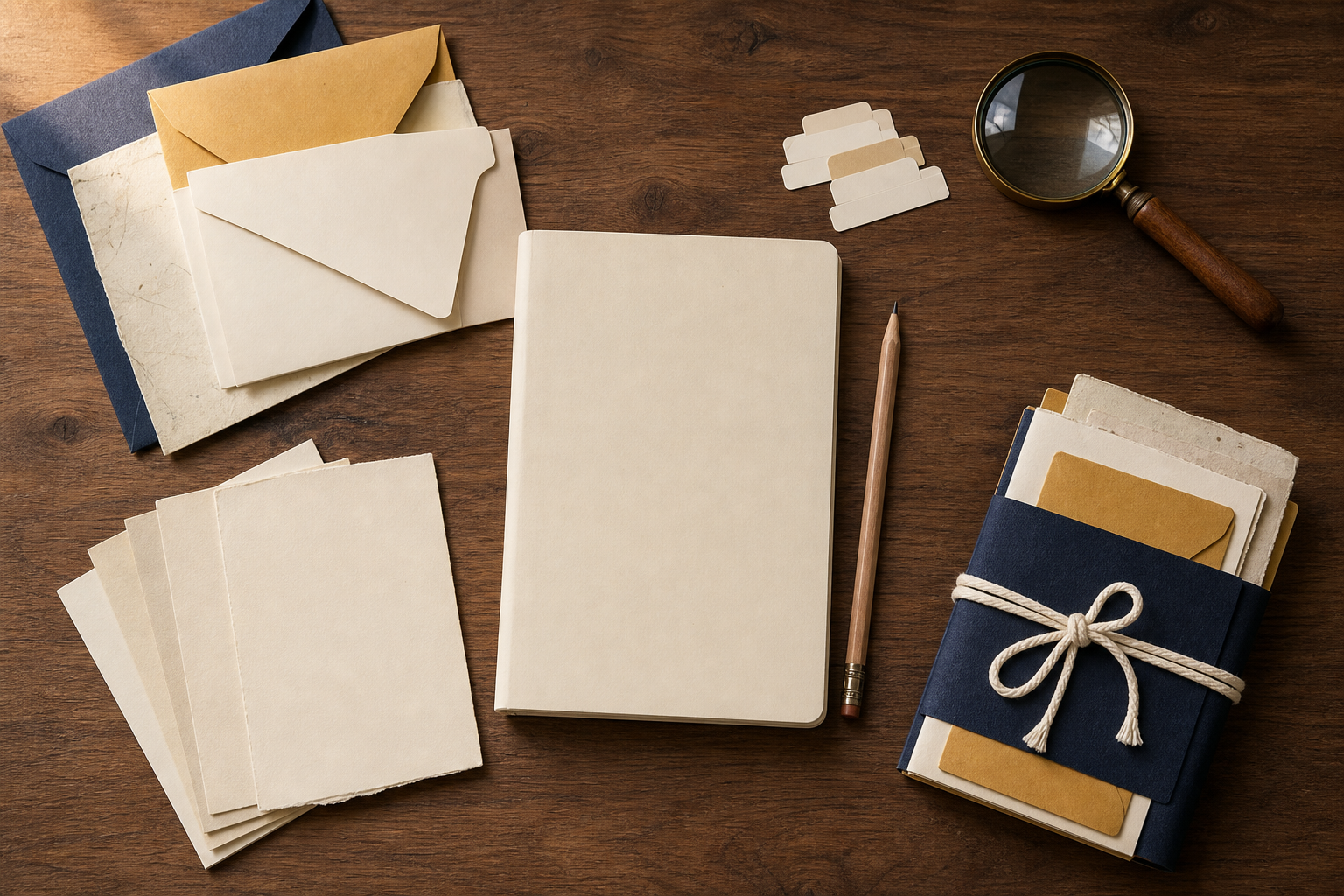 A blank notebook, archival envelopes, source cards, pencil, magnifying lens, and tied research bundle are organized on a wooden desk.