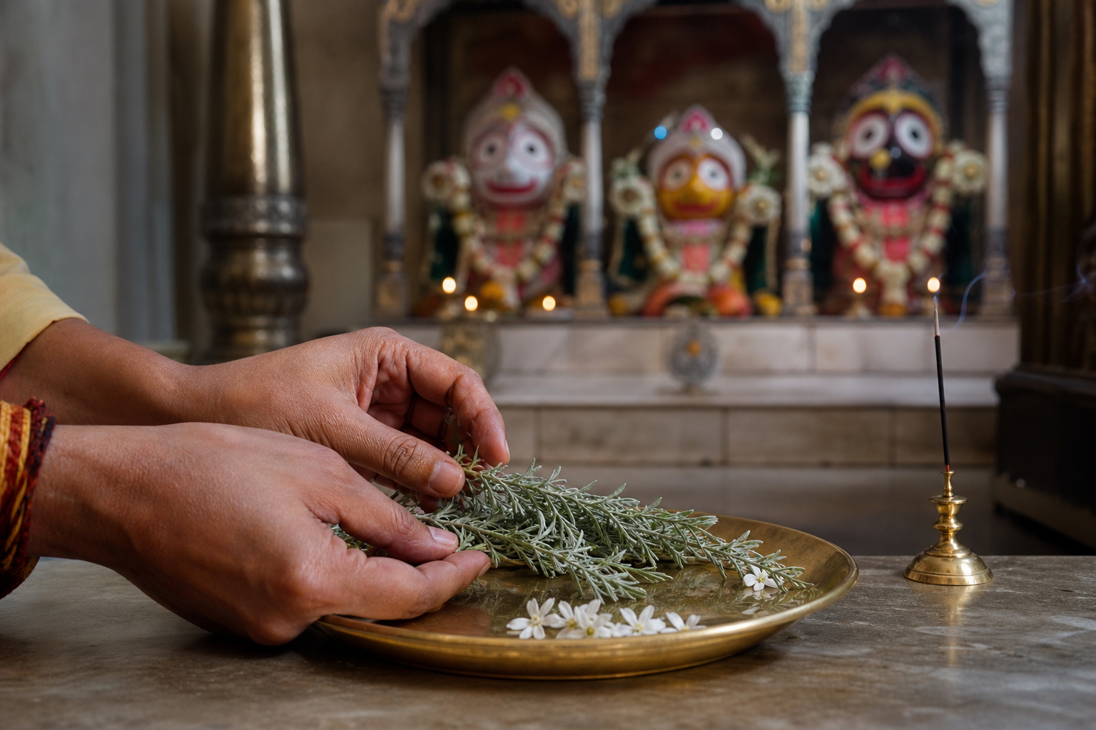 A devotee presents a small brass tray of damanaka sprigs and pale flowers before a Jagannath shrine.