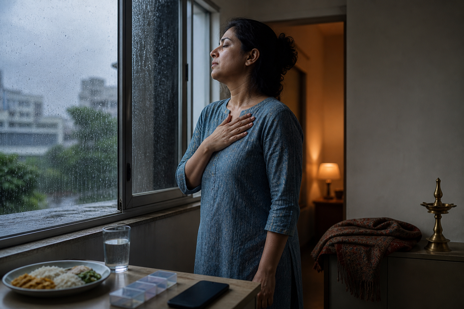 A tired person pauses to breathe beside a rain-streaked window, with a simple meal and glass of water nearby.