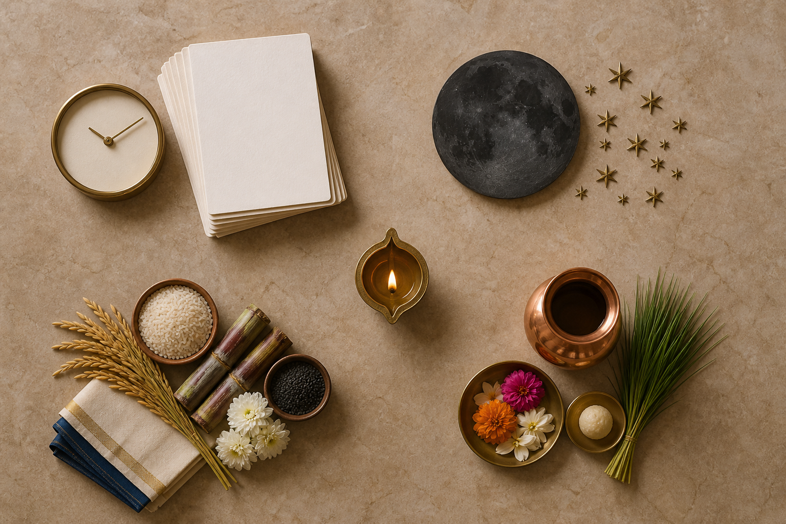 Four groups of objects surround a brass lamp: blank calendar leaves and a clock, a lunar disk and stars, seasonal plants and textiles, and ritual vessels with flowers.